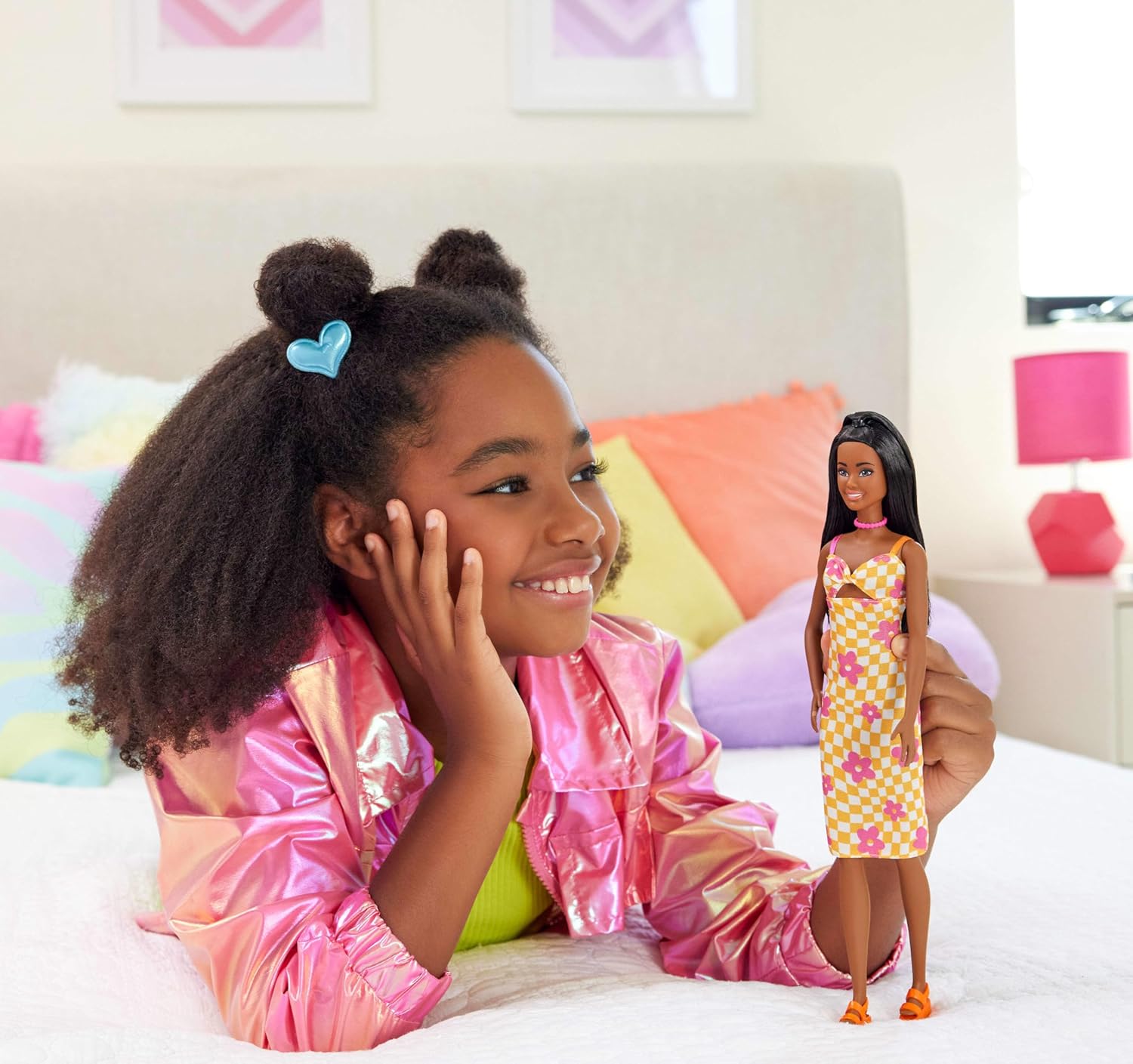 Barbie Fashionistas Doll Wearing Checkered Orange and Pink Flower Midi Dress