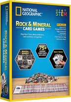 National Geographic rock and mineral card game by Playzokids featuring colorful cards with images of various rocks and minerals.
