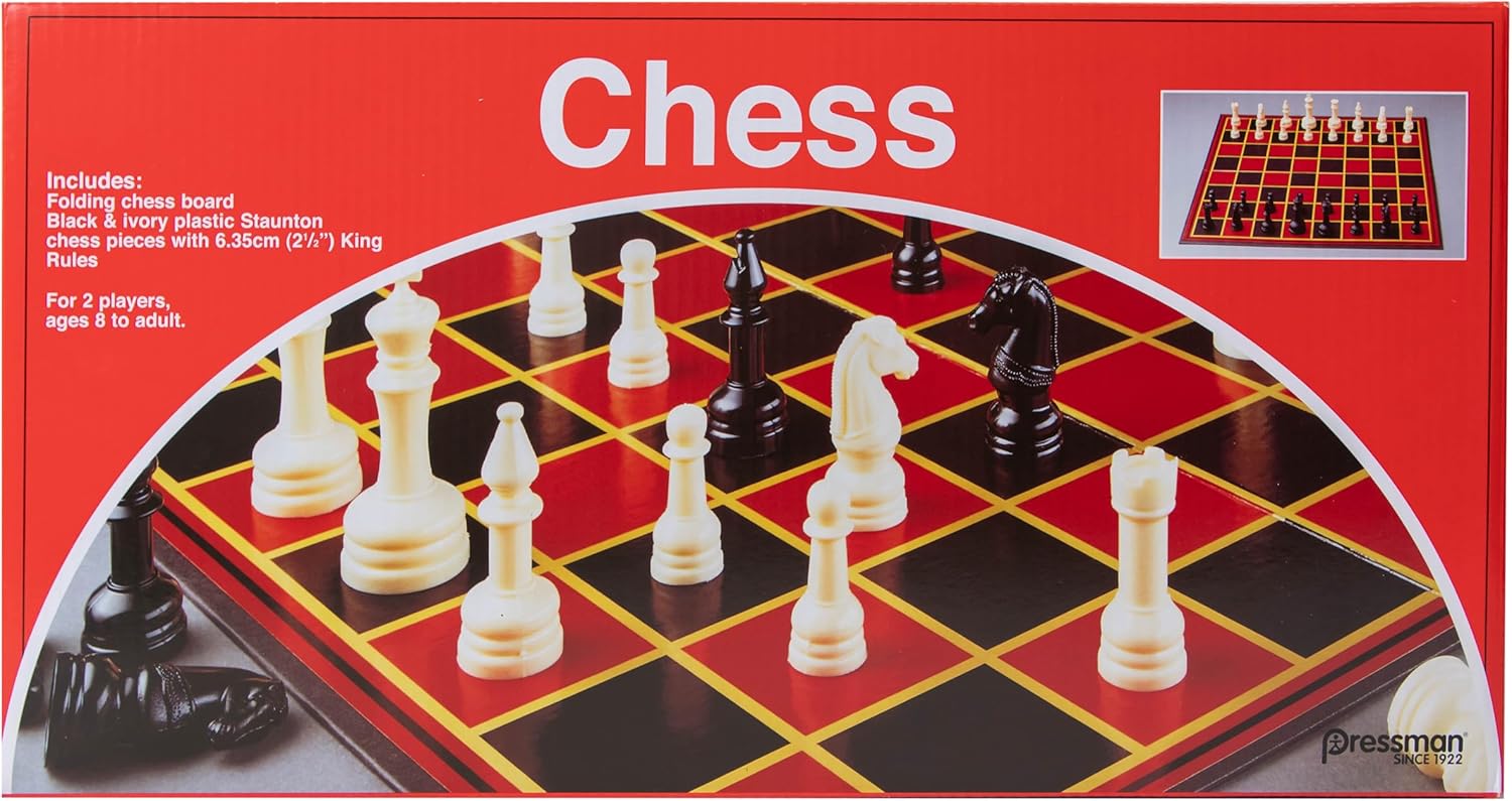 Pressman folding chess board game with red, black, and white squares, featuring a portable design for easy storage and play.