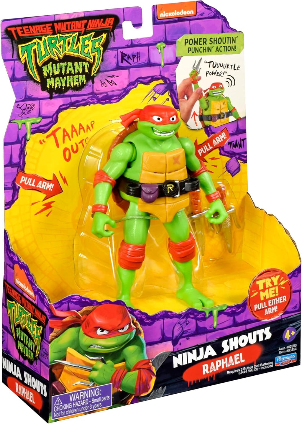 Mutant Mayhem 5.5-inch Raphael Ninja Shouts figure by Playmates showing Raphael in ninja attire with weapons and detailed costume.