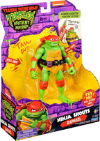 Mutant Mayhem 5.5-inch Raphael Ninja Shouts figure by Playmates showing Raphael in ninja attire with weapons and detailed costume.