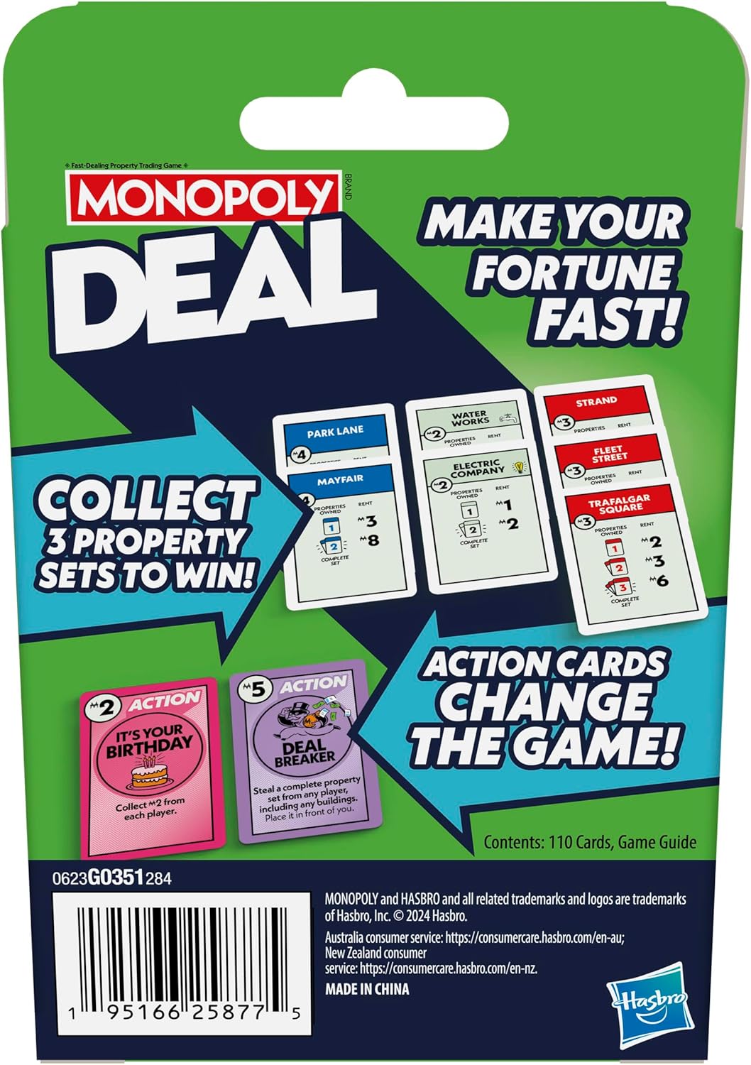 Hasbro Monopoly Deal card game featuring colorful game cards and money tokens on a white background.