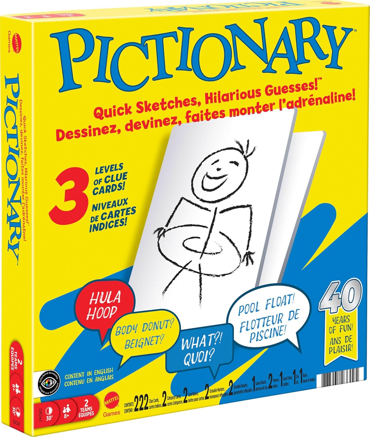 Mattel Pictionary board game with game pieces and drawing cards spread on a table, ready for fun family gameplay.