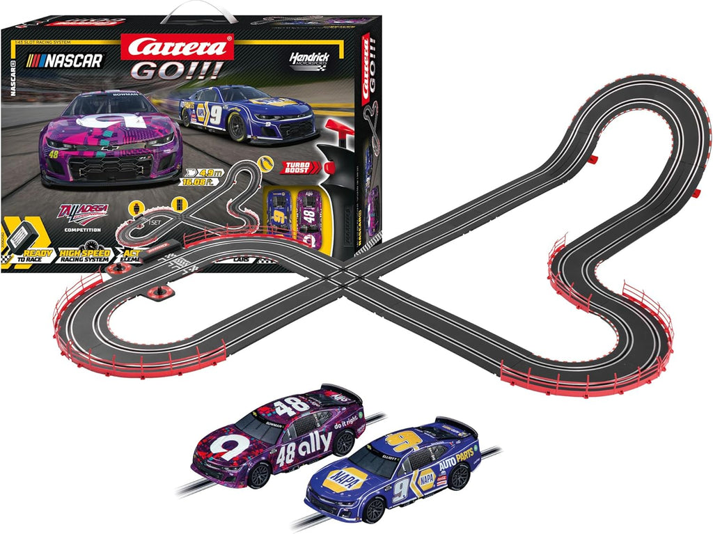 Carrera NASCAR Talladega slot car racing set with colorful cars and track pieces for kids and racing enthusiasts.