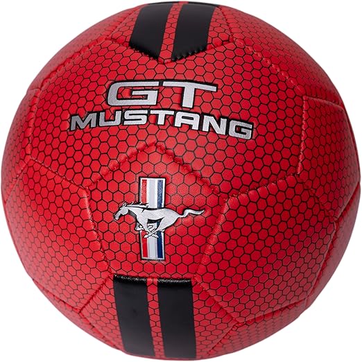 Red Ford Mustang with racing stripe, sporty car front view showcasing sleek design and bold styling.