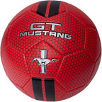 Red Ford Mustang with racing stripe, sporty car front view showcasing sleek design and bold styling.