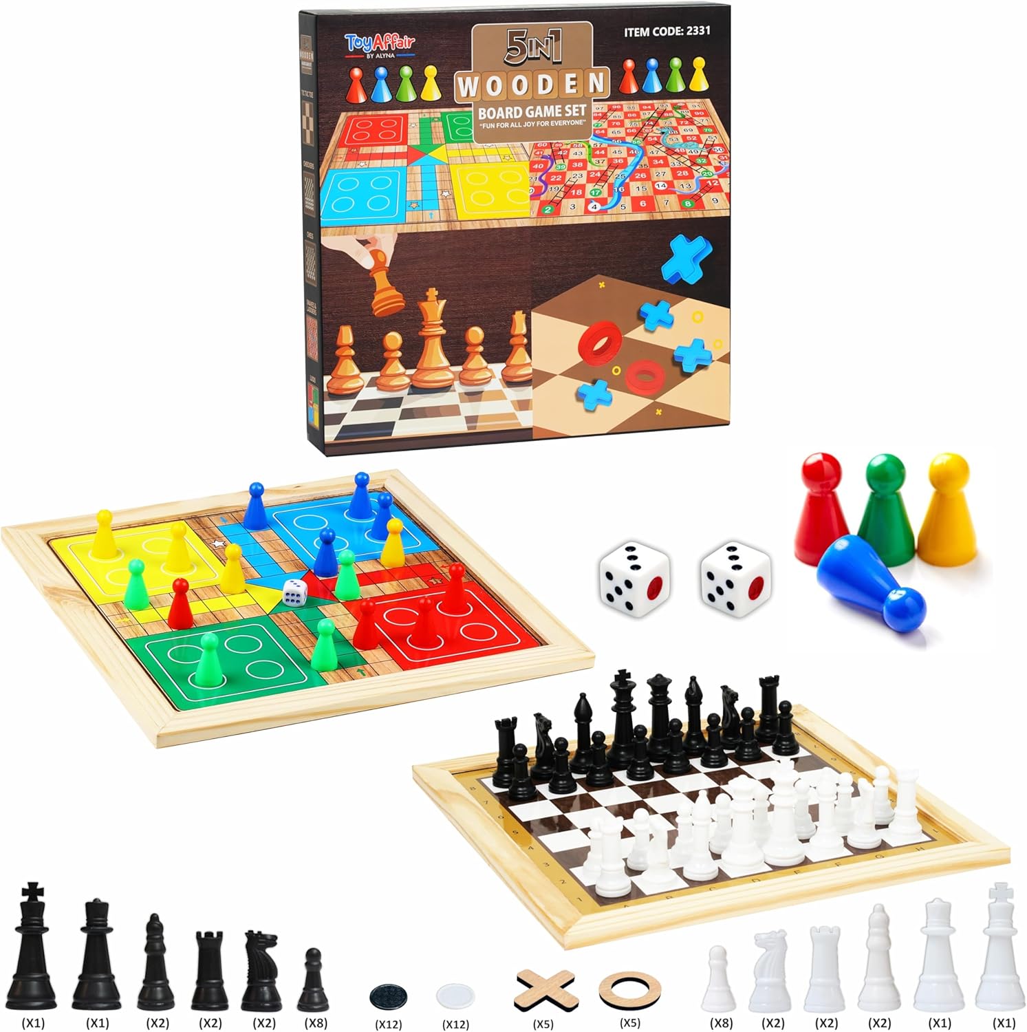 2 in 1 Wooden Ludo, Snakes and Ladders Board Game Set for Kids and Adults