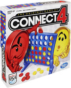 Hasbro Connect 4 game with colorful plastic discs arranged in a vertical grid on a game board.