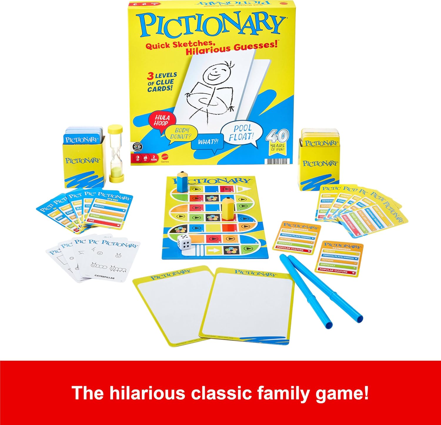 Mattel Pictionary board game with game cards, drawing pad, and game pieces on a wooden table.