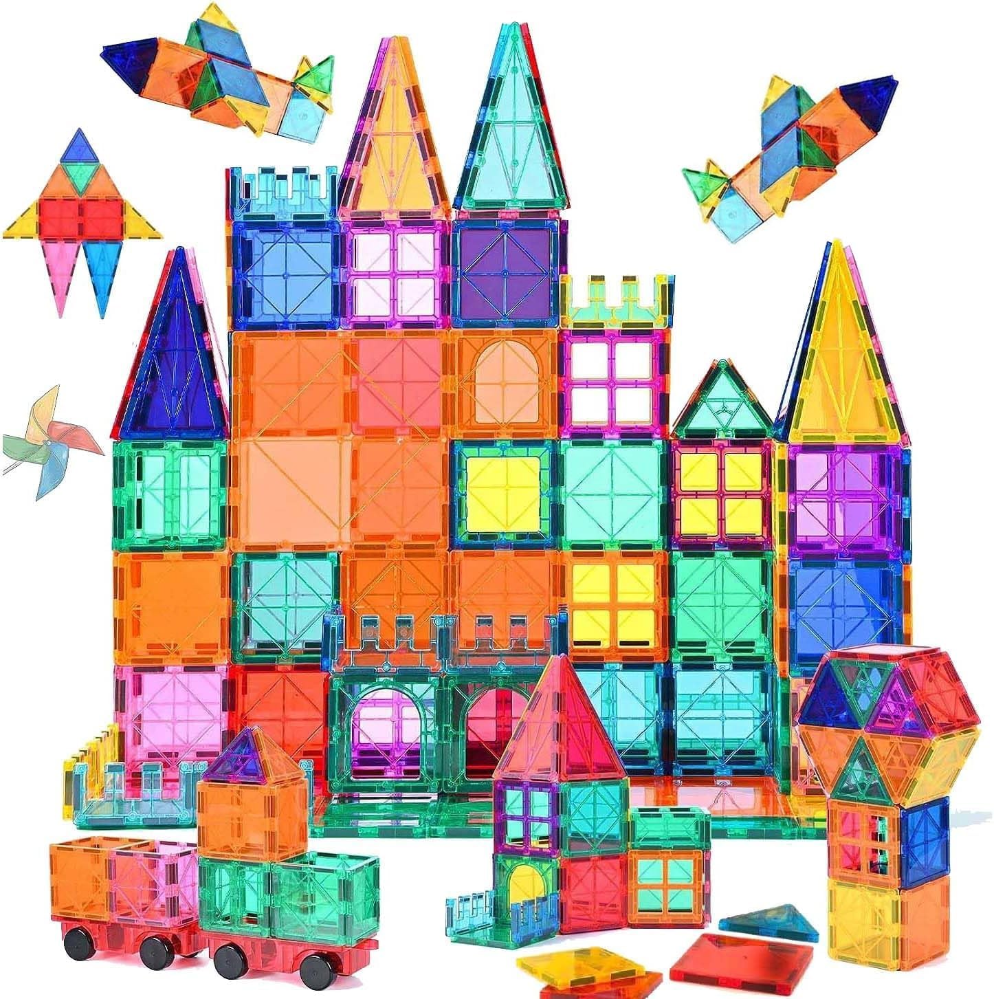 Colorful magnetic tiles for kids, 100-piece STEM building blocks by Playzokids, arranged in various geometric shapes. Main image