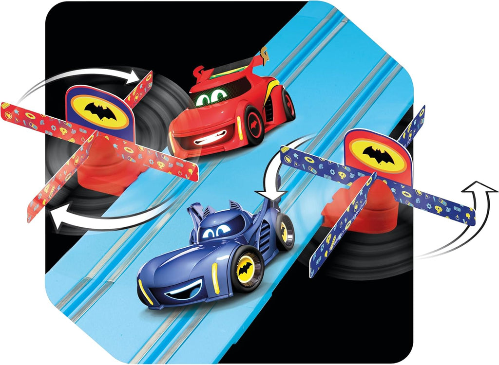 Carrera First DC Bat Wheels Race Track Set toy with colorful track pieces and Batman-themed race cars for kids.