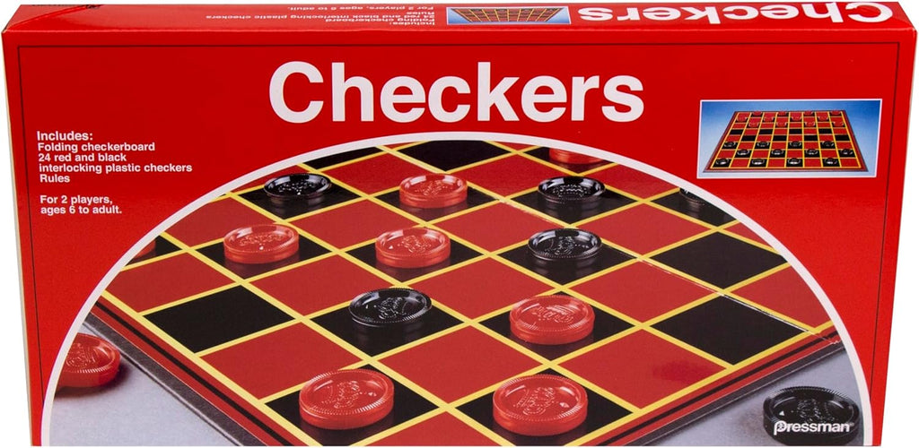Pressman folding checkers game board in red and black with checkers pieces on a playing surface.