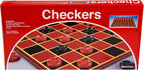 Pressman folding checkers game board in red and black with checkers pieces on a playing surface.