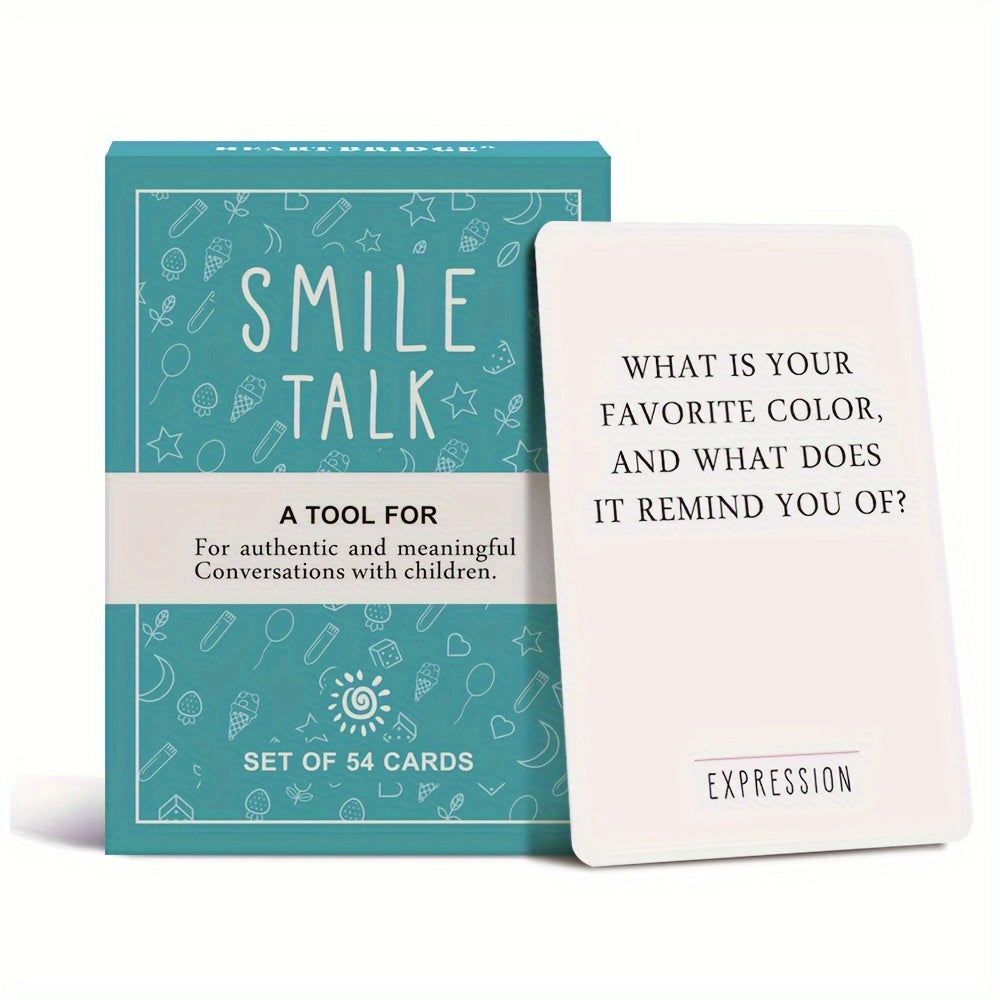 SMILE TALK Parent-Game Cards box showing colorful card designs for family conversation and bonding activities.