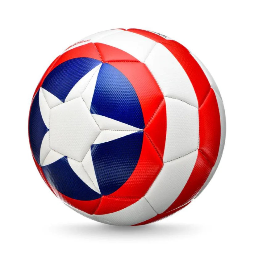 Marvel Captain America stripes football with blue, red, and white design, featuring Captain America shield and stripes pattern.