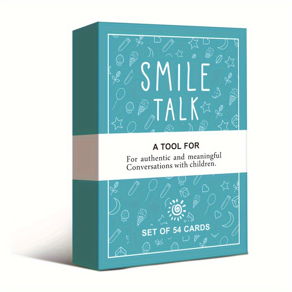 SMILE TALK Parent-Game Cards box showing colorful cards with engaging prompts for family conversations and bonding.