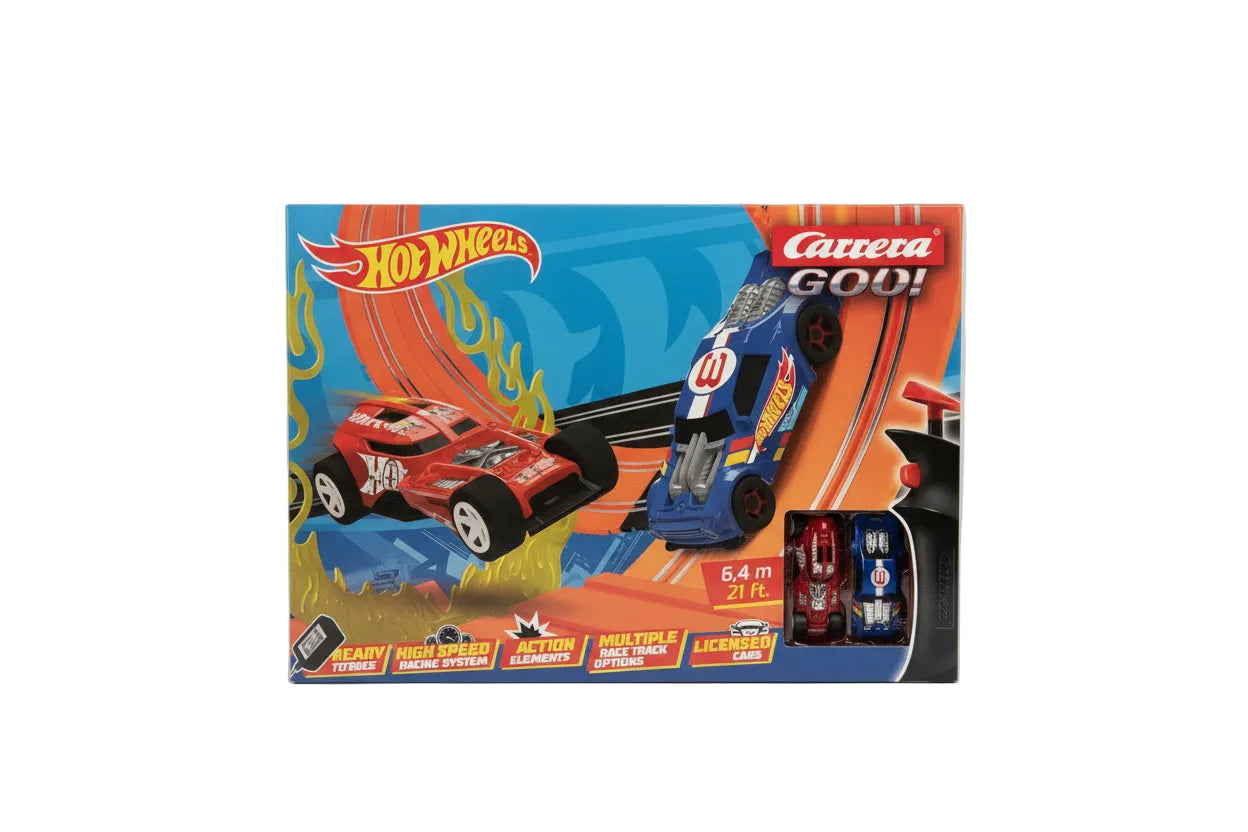 Carrera GO!!! Hot Wheels 6.4 Race Track Set with colorful track pieces and racing cars on a smooth racing surface. Main image