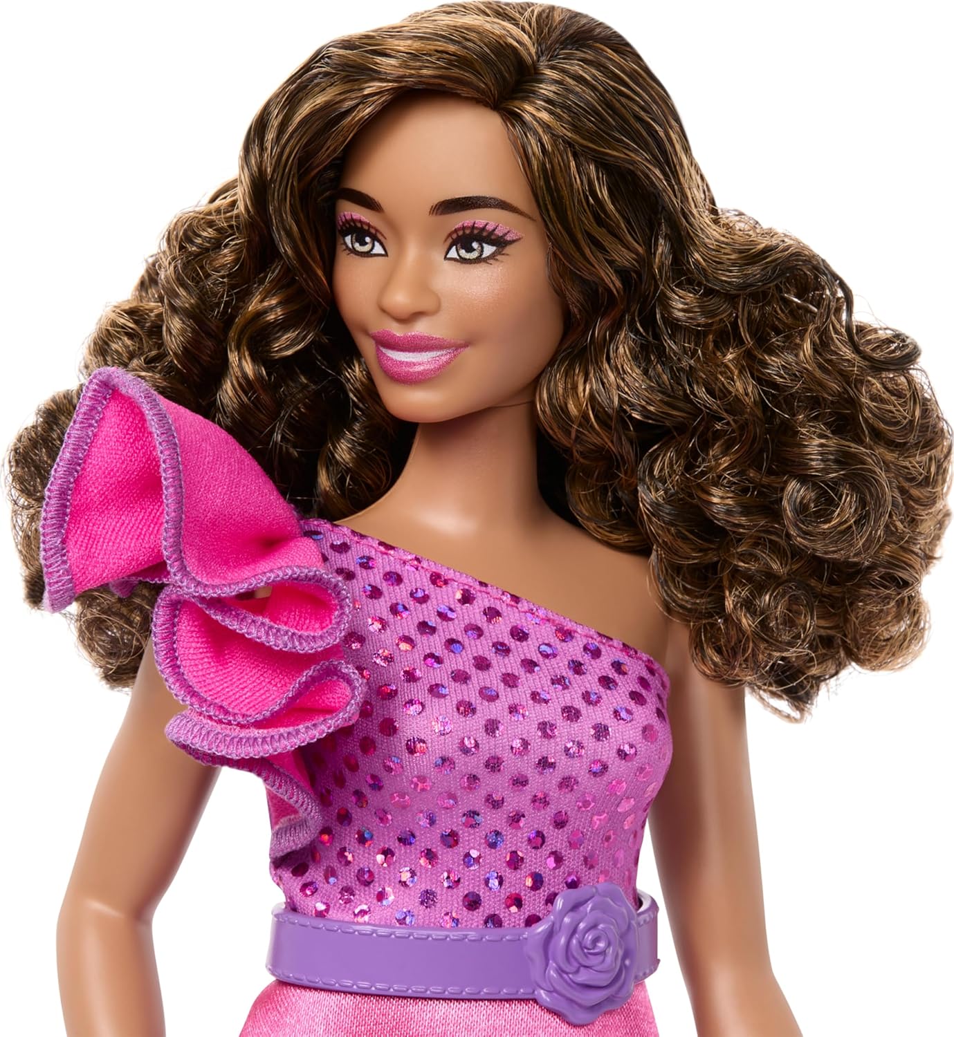 Mattel Barbie Fashionistas doll with stylish outfit and colorful accessories, posing with vibrant background.