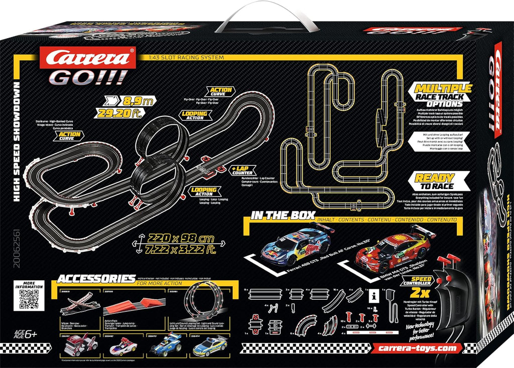 Carrera high-speed digital race track toy with multiple lanes and racing cars, designed for children and racing enthusiasts.