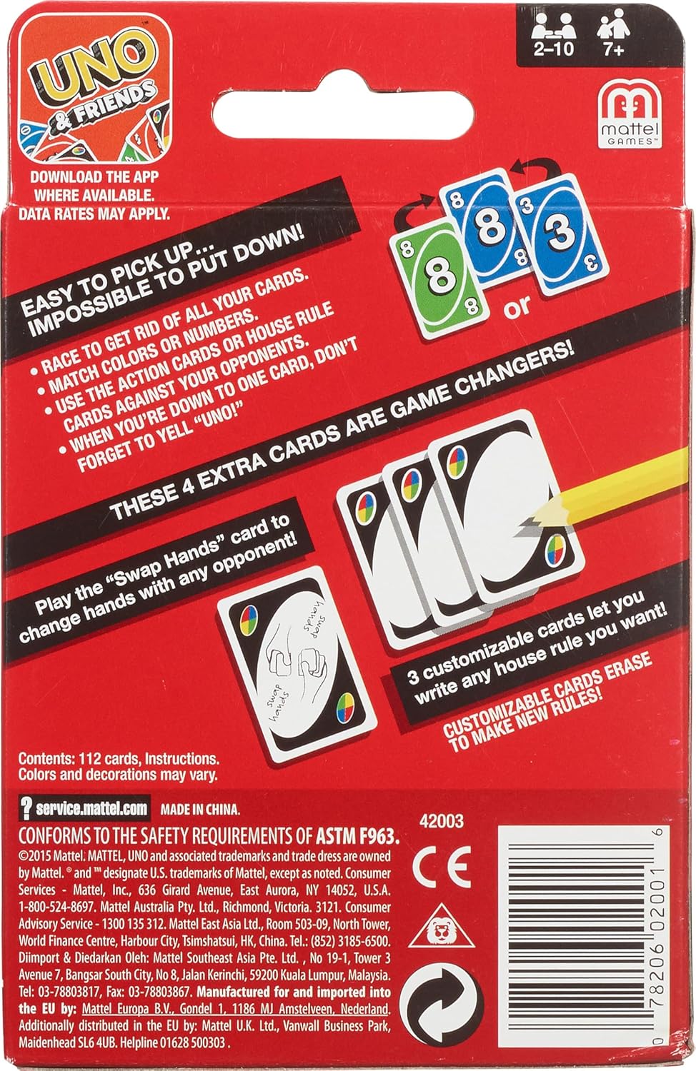 Mattel UNO classic card game featuring colorful numbered and action cards on a playing table.