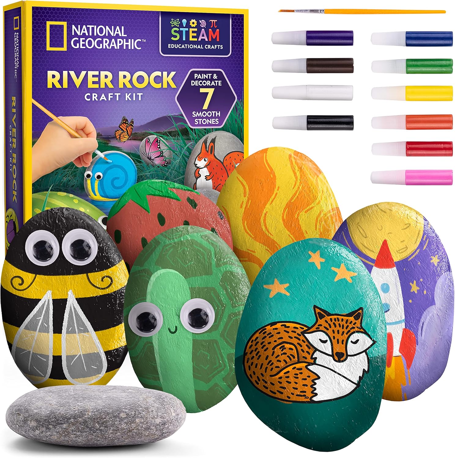 Small National Geographic River Rock Craft Kit by Playzokids featuring colorful rocks and crafting supplies for kids. Main image
