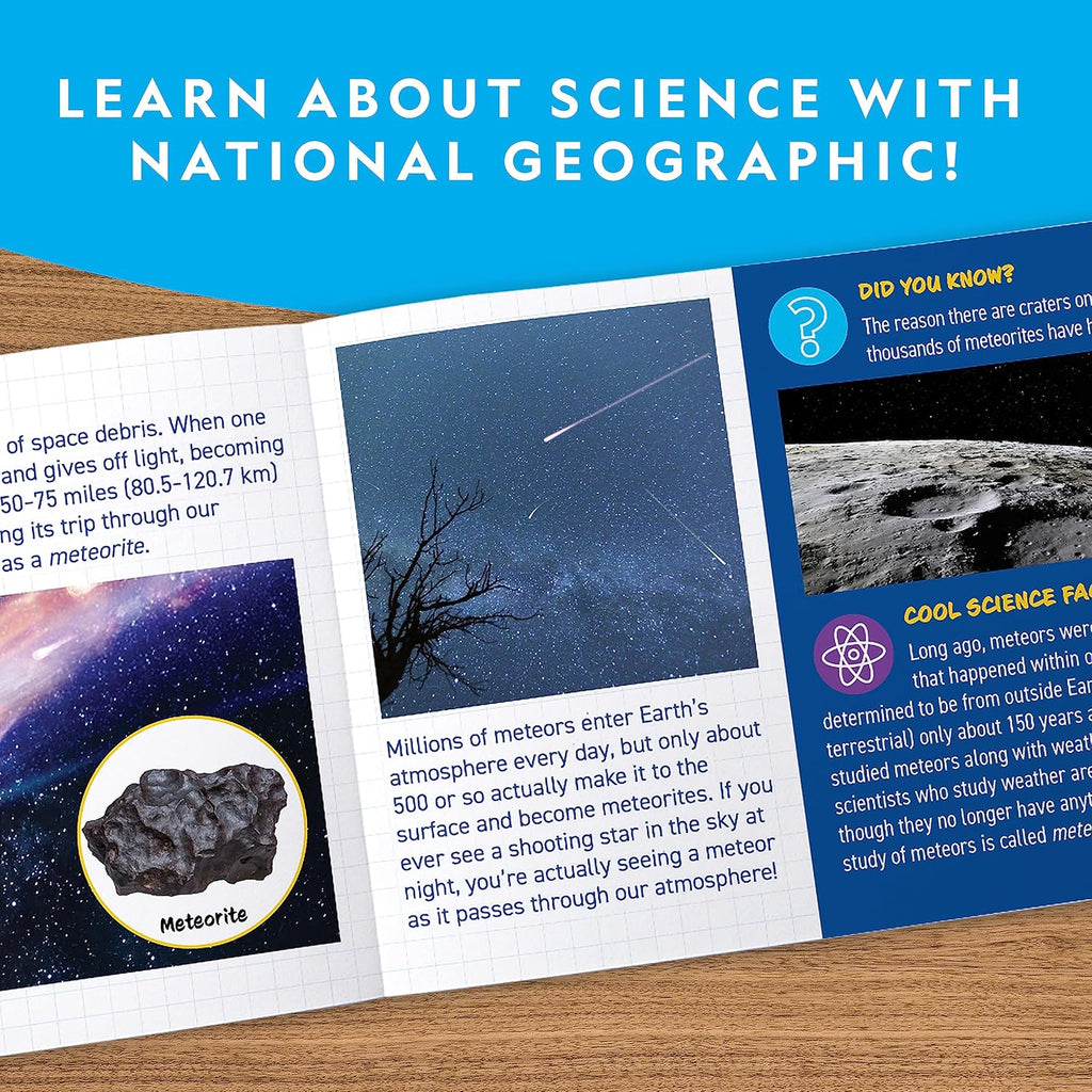 Playzokids National Geographic glow-in-the-dark meteor model with detailed surface and realistic crater features.