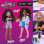 Playzokids GLO UP GIRLS doll with 25 fashion surprises and spa accessories, featuring colorful doll and fashion items.