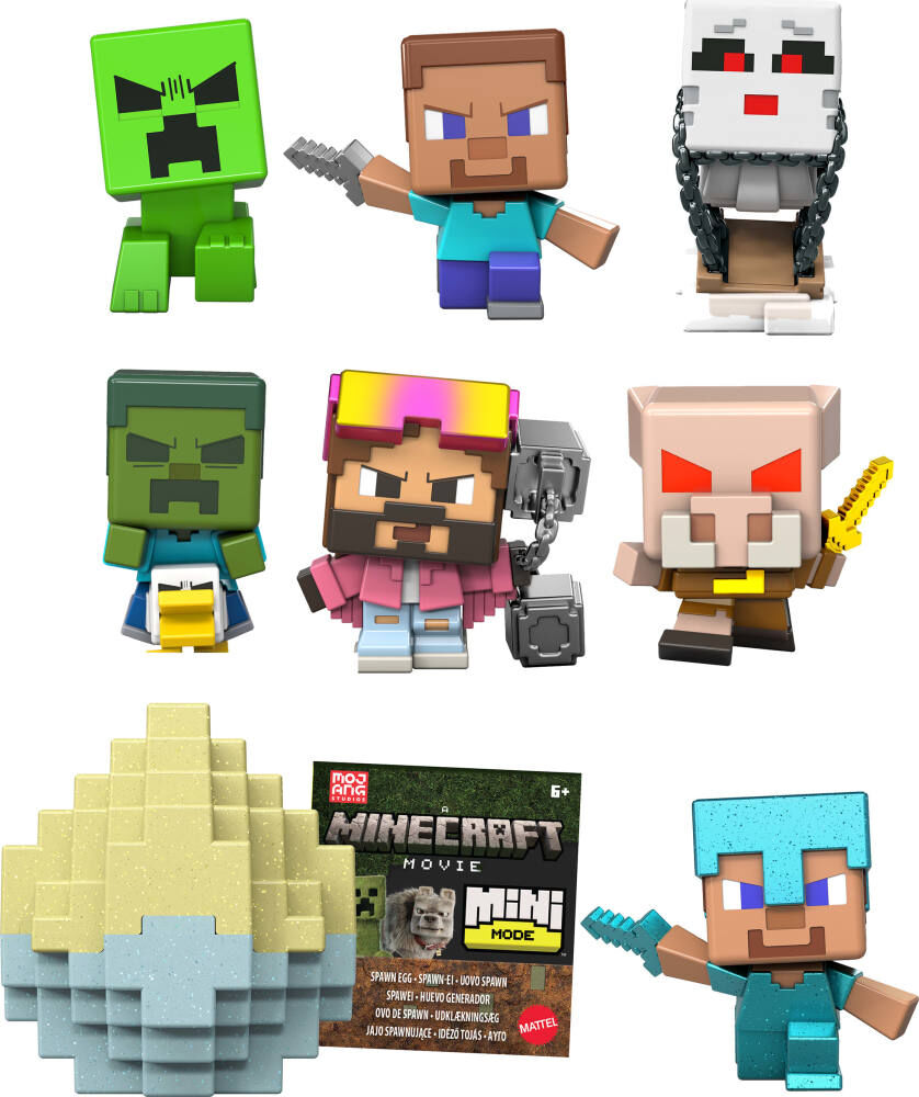 Minecraft Mini Mode spawn egg assortment by Mattel featuring small, colorful Minecraft character eggs for creative play.