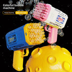 Portable automatic bubble gun with 45 holes, handheld bubble machine emitting colorful bubbles for outdoor fun.