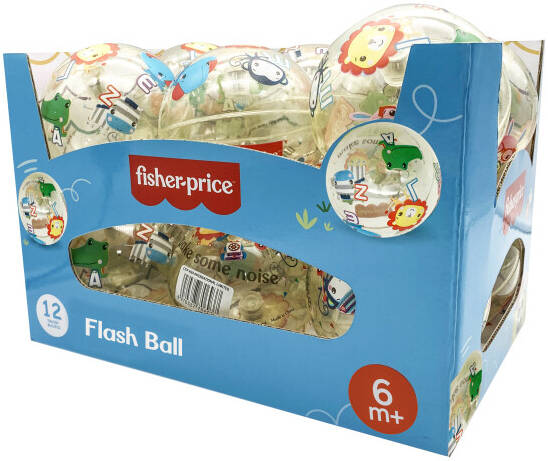 Fisher-Price Children's Flash Ball 12-piece display with colorful toy balls for kids. Bright, playful design for active play.