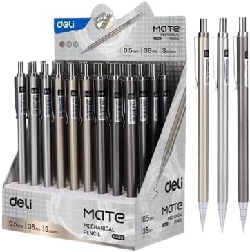 Playzokids Deli Metal Mechanical Pencil 0.5mm with durable metal body, shown in a pack of 36 for precise writing and sketching.