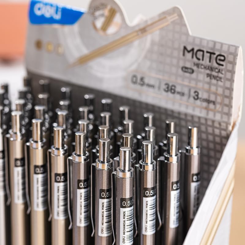 Pack of 36 Playzokids Deli Metal Mechanical Pencils with 0.5mm lead, durable writing pencils shown in a display image.