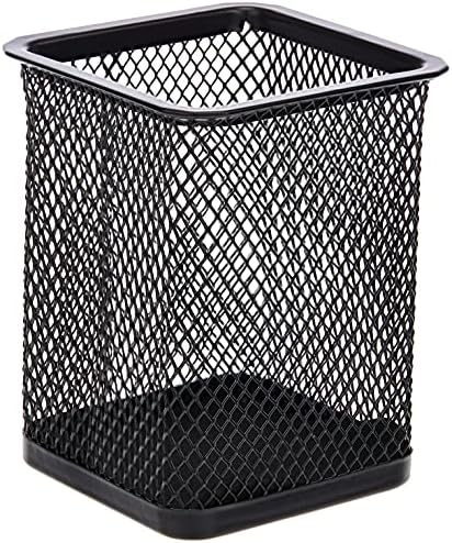 Playzokids Deli Mesh Square Pen Holder, 80x80x90 mm, black metal desk organizer with mesh design for stationery storage. Main image