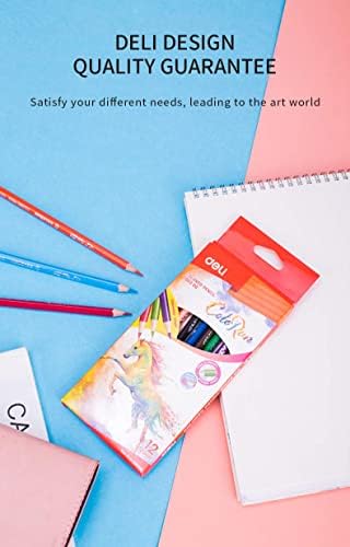 Deli Color Pencil set with 12 vibrant colored pencils arranged in a row, showcasing bright, smooth coloring tools for drawing and coloring.