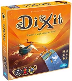 Dixit family board game by Playzokids showing illustrated cards and game box on a table for family fun. Main image