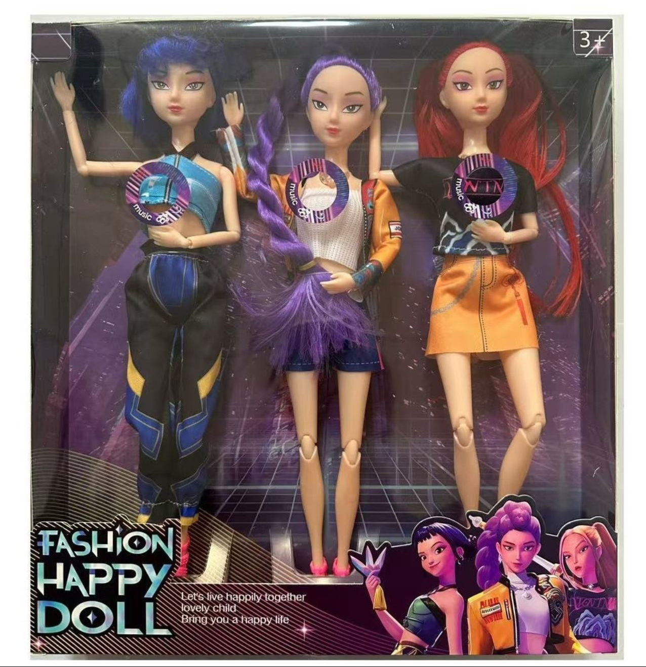 K Pop Fashion Happy Dolls Figures 3-in-1 collectible toy with sound and light features, showcasing colorful character designs.