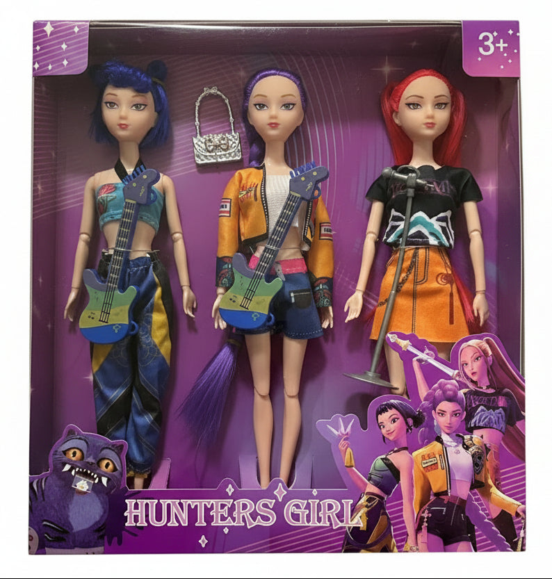 K Pop Girls Demon Hunters Zoey, Rumi, Mira dolls featuring detailed costumes and vibrant colors from the K Pop Dolls collection.