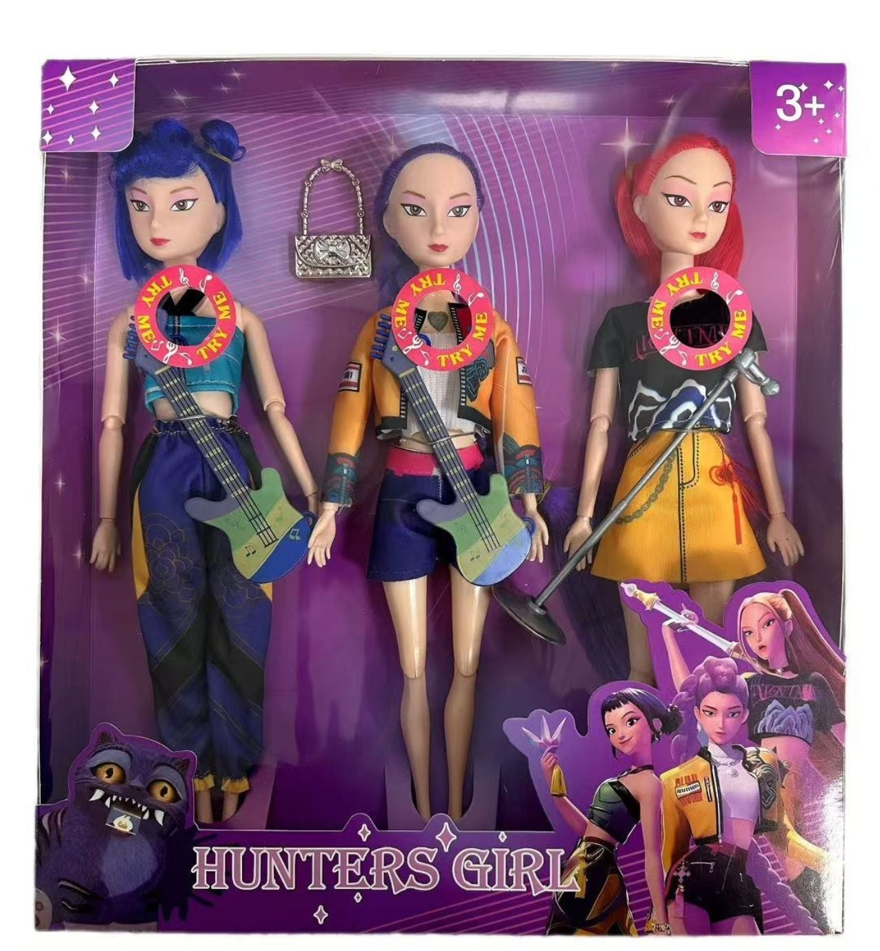 K Pop Girls Demon Hunters Zoey, Rumi, Mira dolls with light and sound features, detailed collectible figures from the K Pop collection.