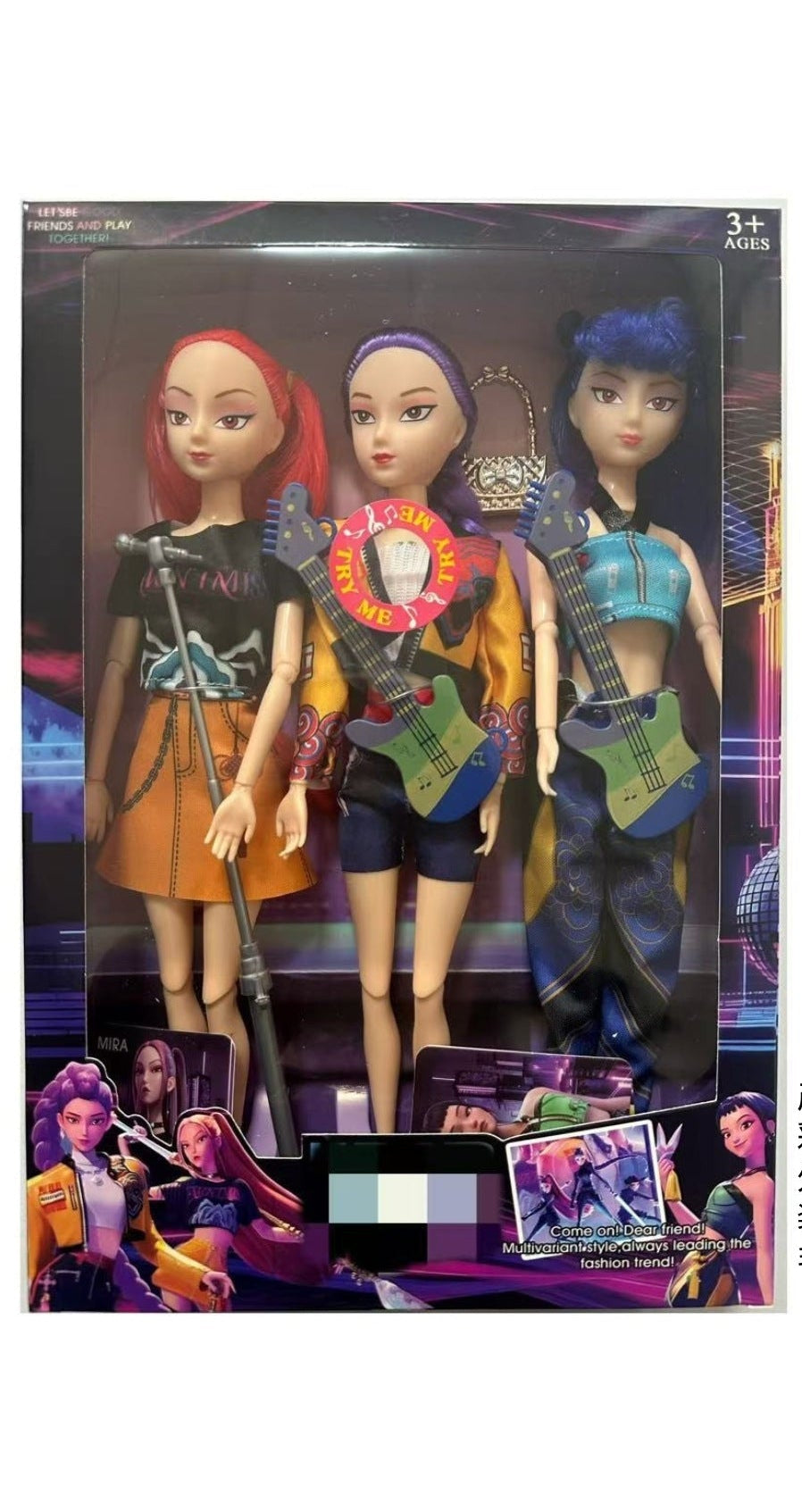 K Pop Girls Dolls Stage Girls 3-in-1 collection with light and sound features, showcasing colorful dolls with stage costumes.