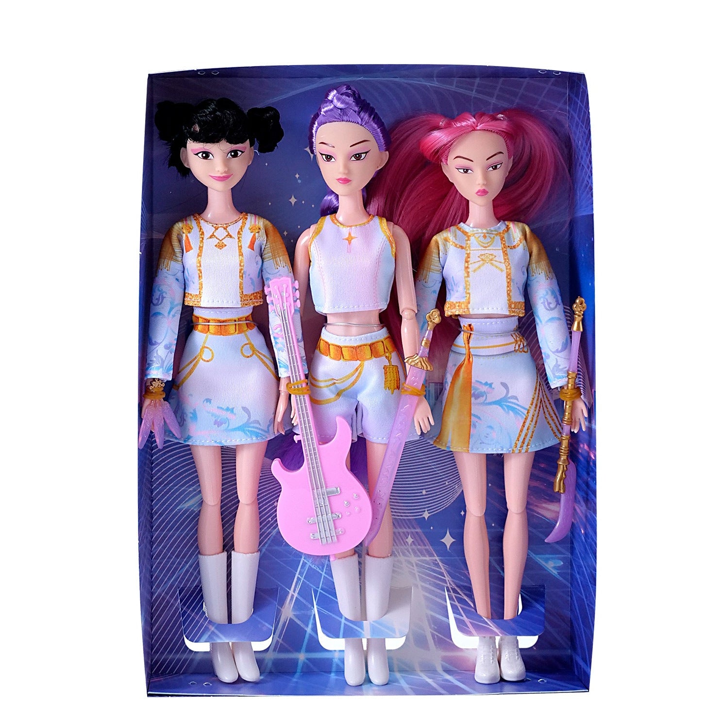 K Pop Girls Demon Hunters Zoey, Rumi, Mira dolls featuring detailed costumes and expressive faces, perfect for collectors and fans.
