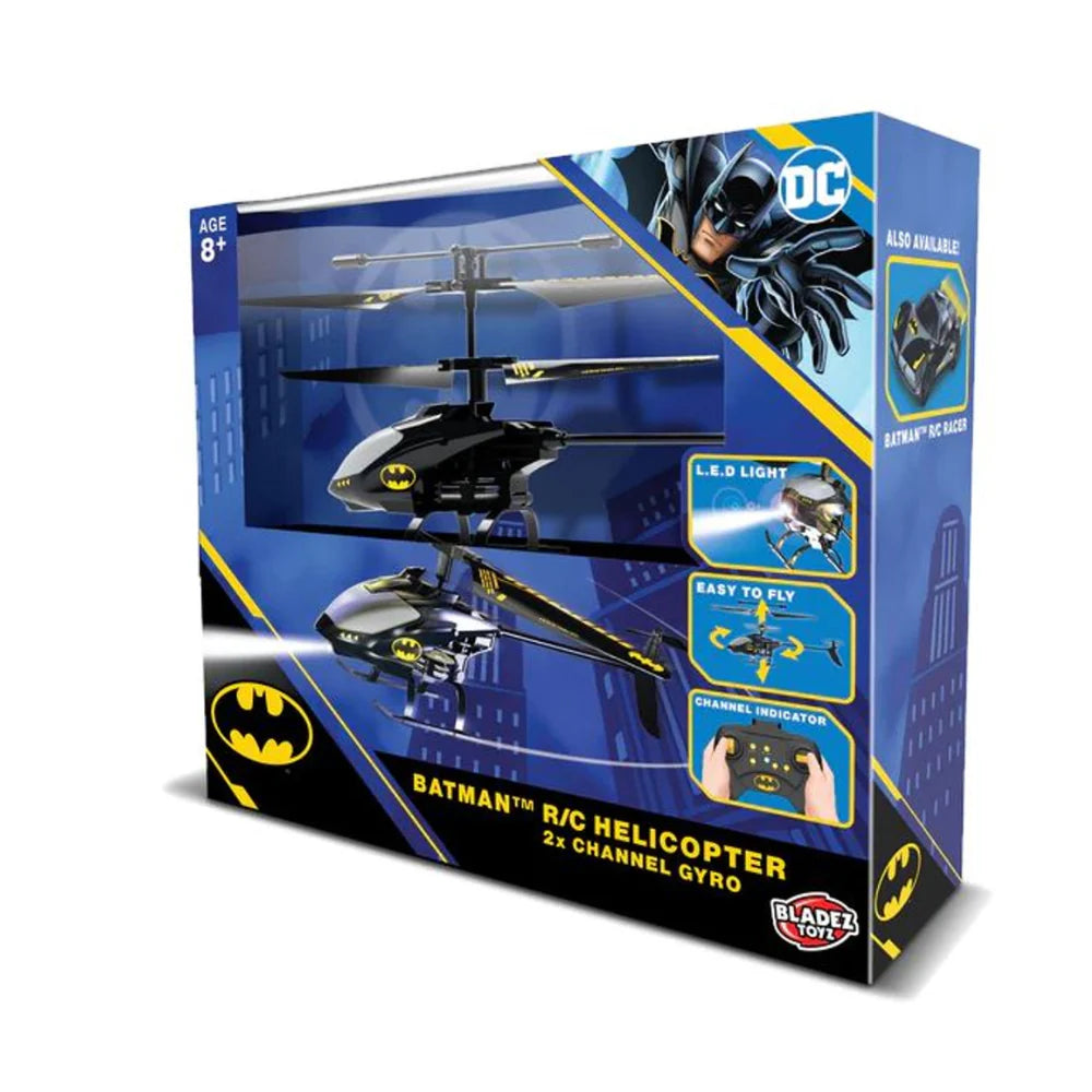 Bladez Toys RC Batman Gyro 2-channel helicopter flying with detailed Batman design and rotor blades visible.