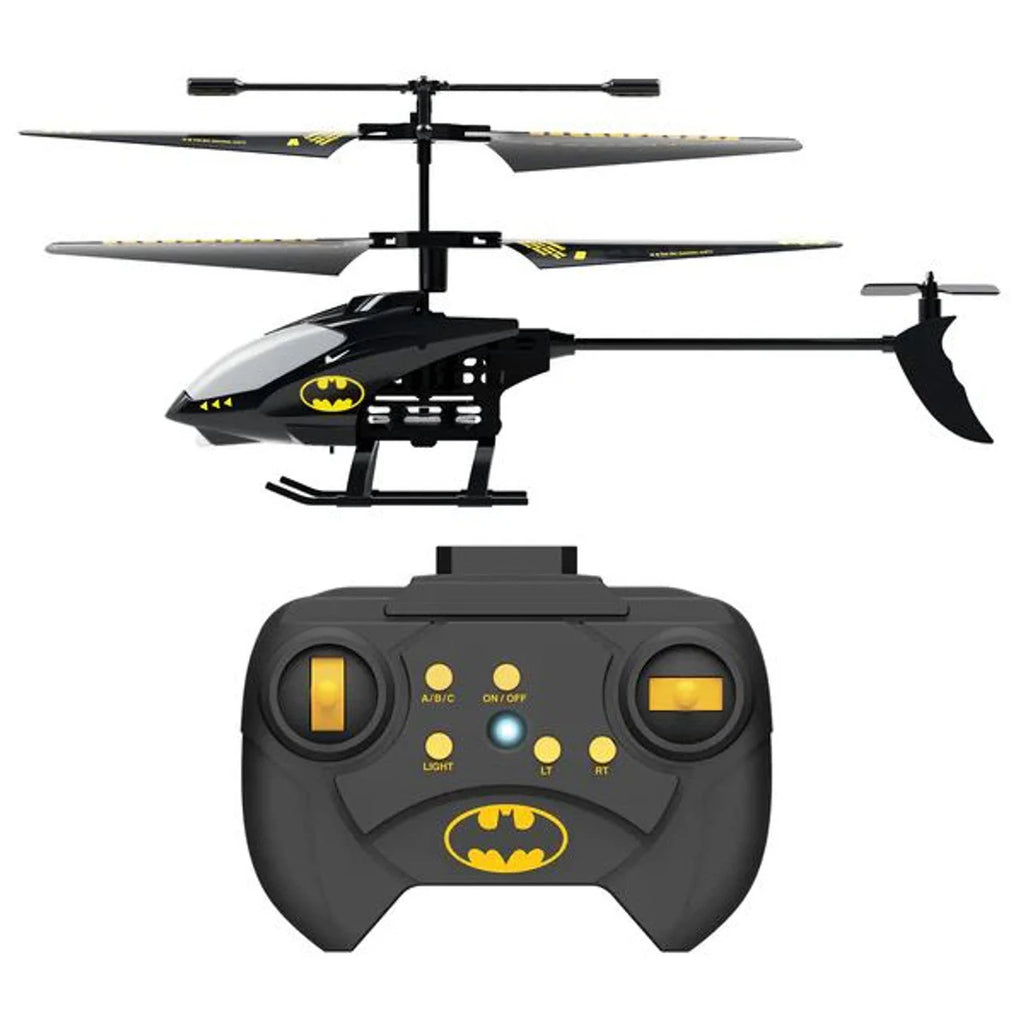Bladez Toys RC Batman Gyro 2CH helicopter with black and yellow design, remote control and spinning rotor blades.