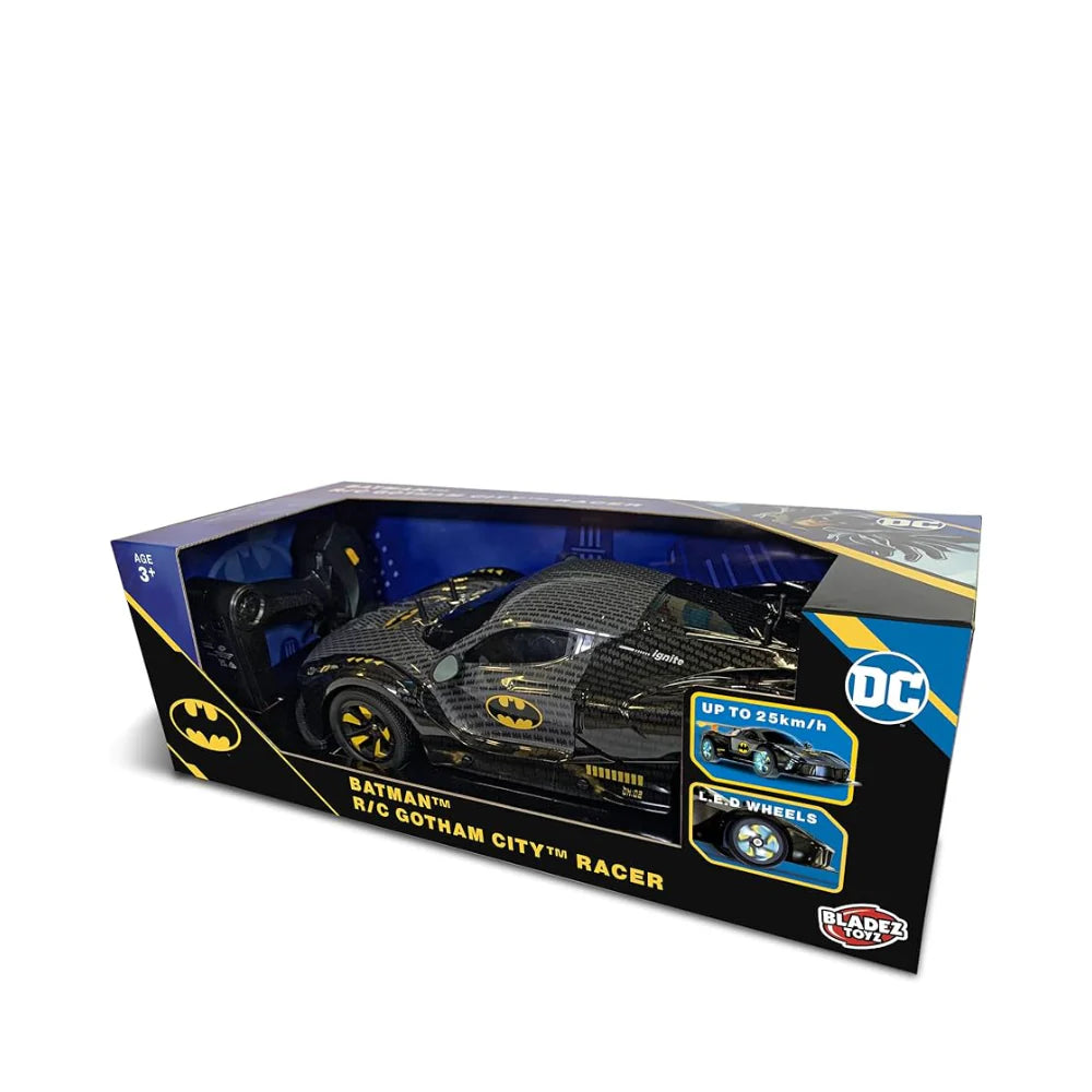 RC Batman vehicle 1:10 Gotham City Racer remote control car by Bladez Toys, showing the detailed Batman-themed design and remote control. Main image
