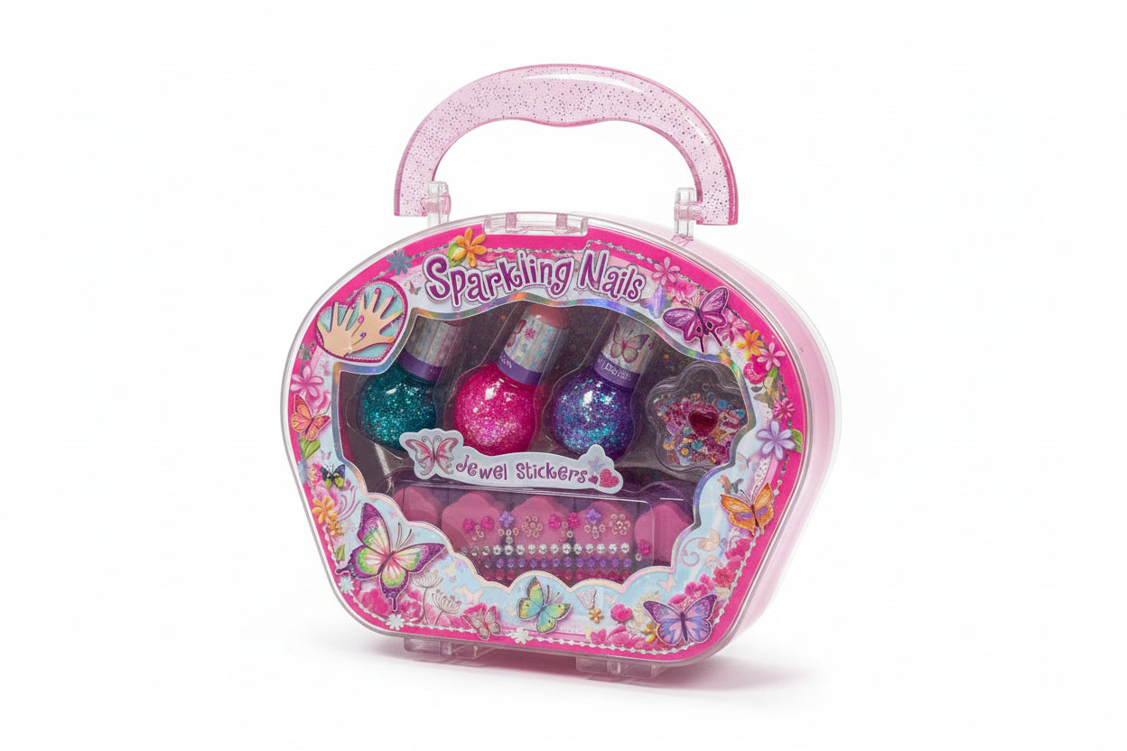 PECOWARE Sparkling Nail Set with glittery, colorful nail tips arranged in a stylish display on a white background.