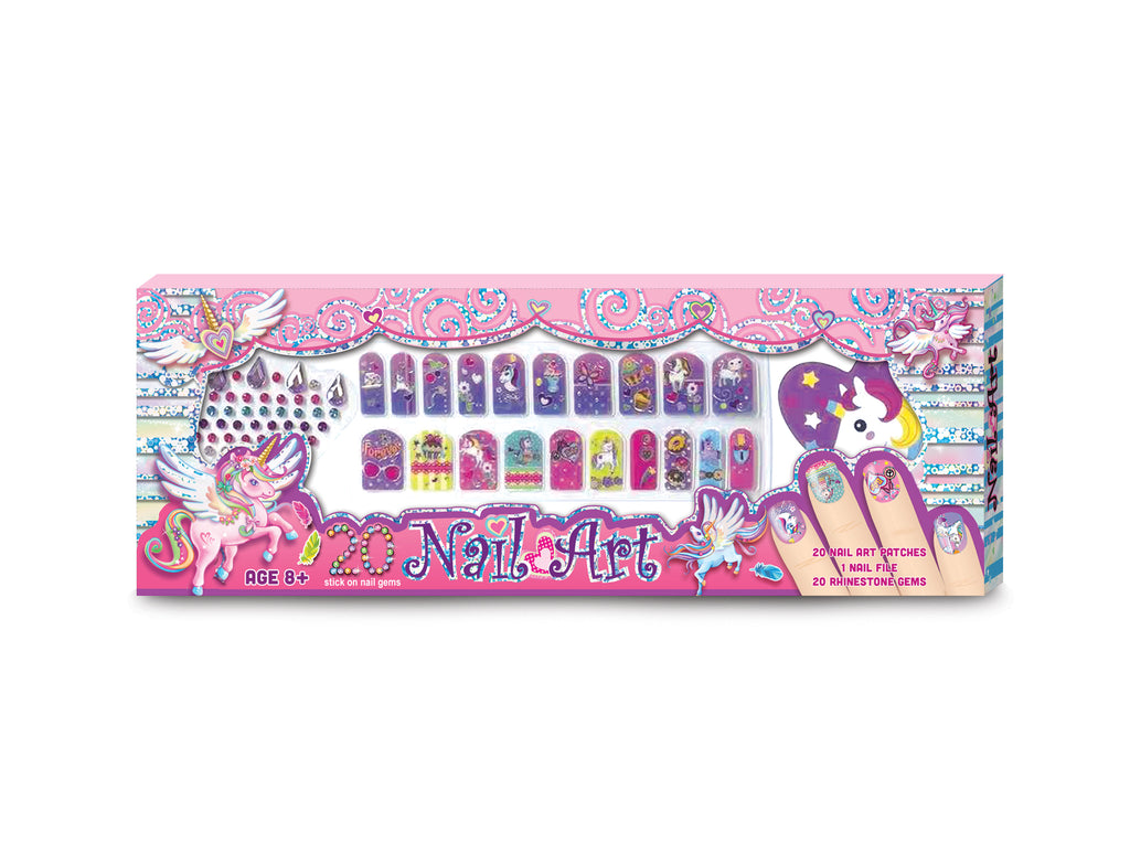 PECOWARE Unicorn Nail Art Set featuring colorful nail tips, brushes, and accessories for creative unicorn-themed nail designs.
