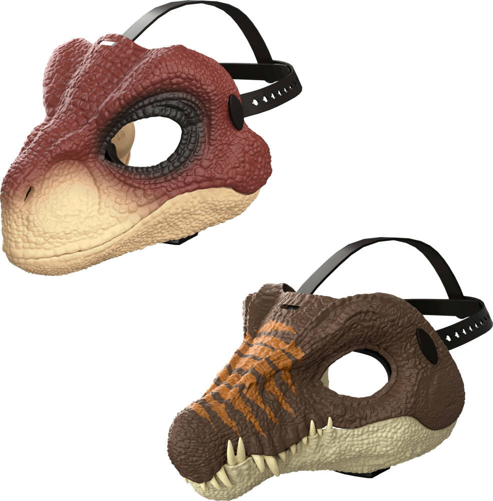 Kids Jurassic World Spinosaurus face helmet featuring dinosaur design for children, with adjustable straps and detailed dinosaur features.