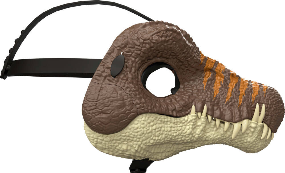 Kids face helmet featuring a Spinosaurus design from Jurassic World, perfect for young dinosaur fans.