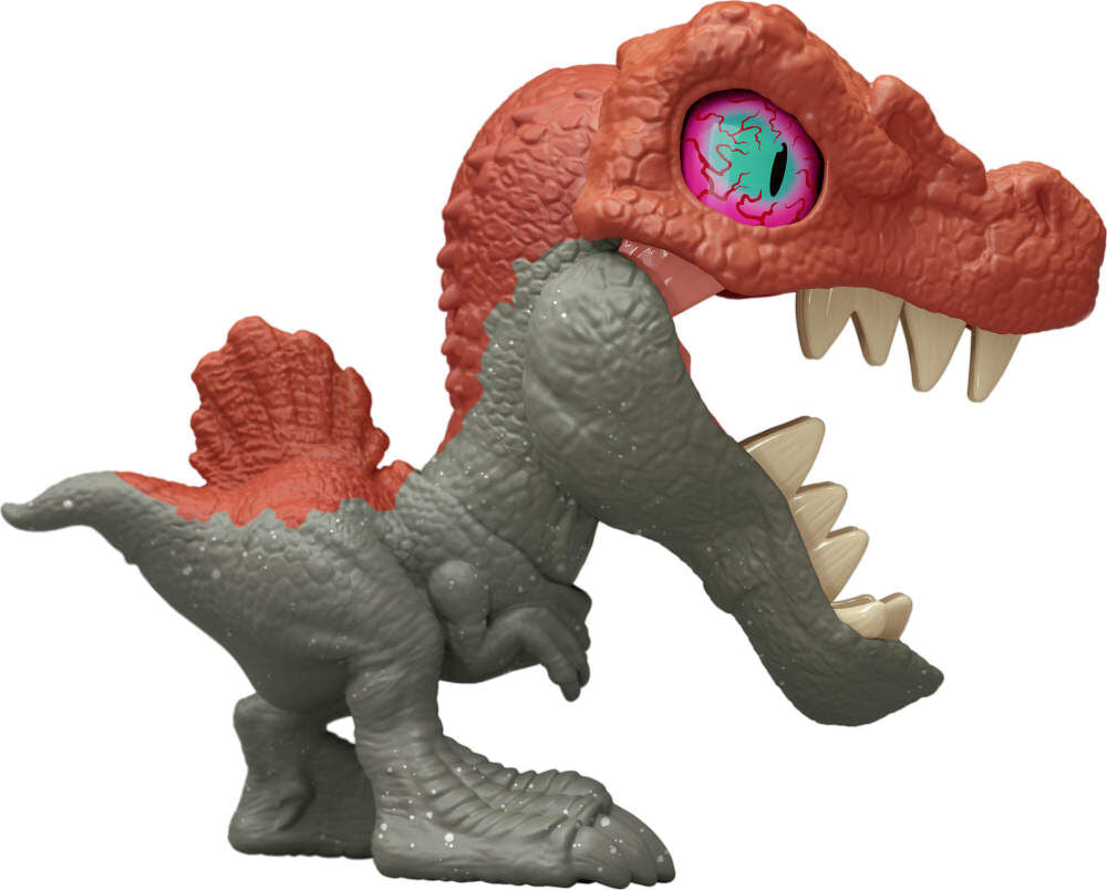 Jurassic World Mighty Biters Spinosaurus toy figure showing detailed features and fierce expression on a white background.