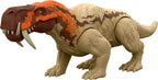 Jurassic World Rebirth Strike Attack Inostrancevia dinosaur figure on a display stand, detailed green and brown scales, realistic features.