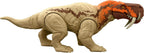 Jurassic World Rebirth Strike Attack Inostrancevia dinosaur figure on a display stand with detailed textures and vibrant colors.